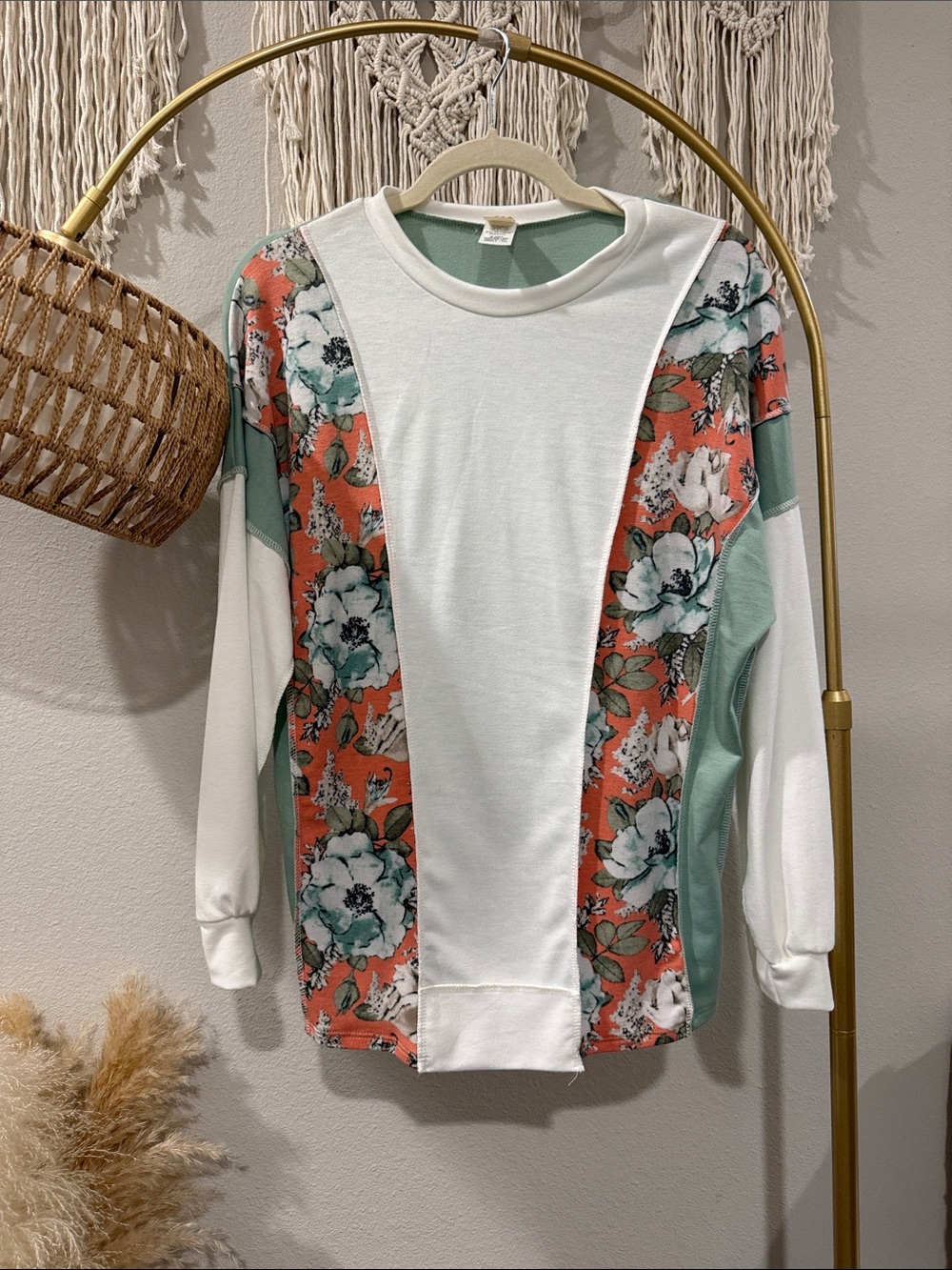 Floral Panel Long-Sleeve Top in Coral and Mint
